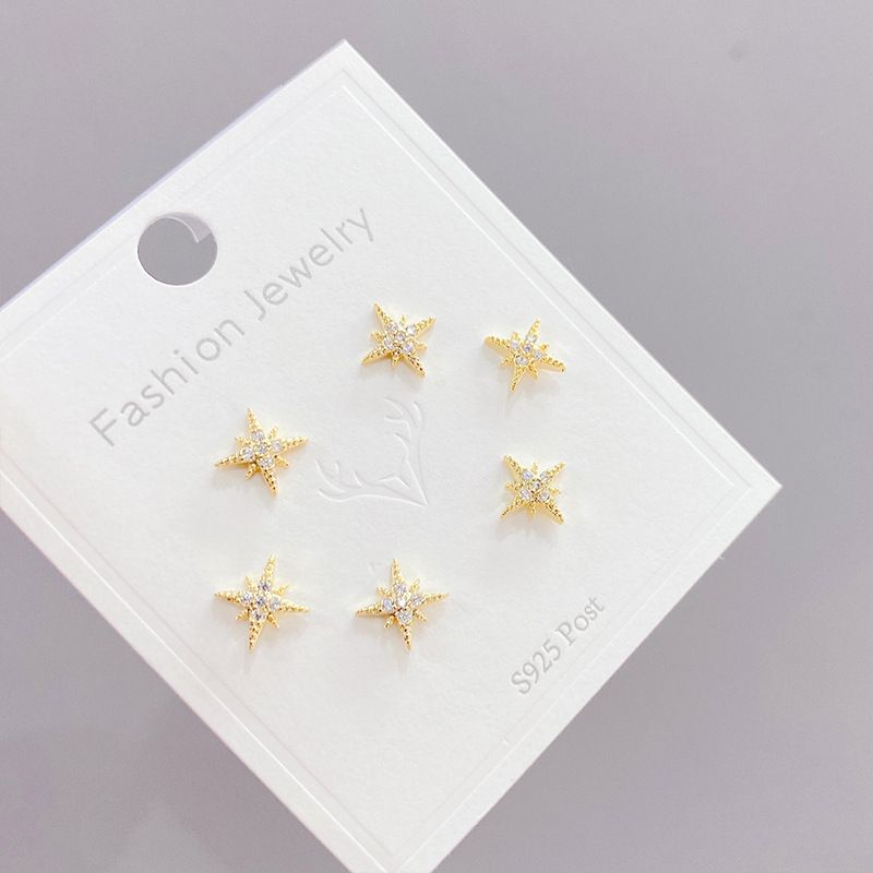 Fashion Star Copper Plating Zircon Ear Studs 3 Pairs