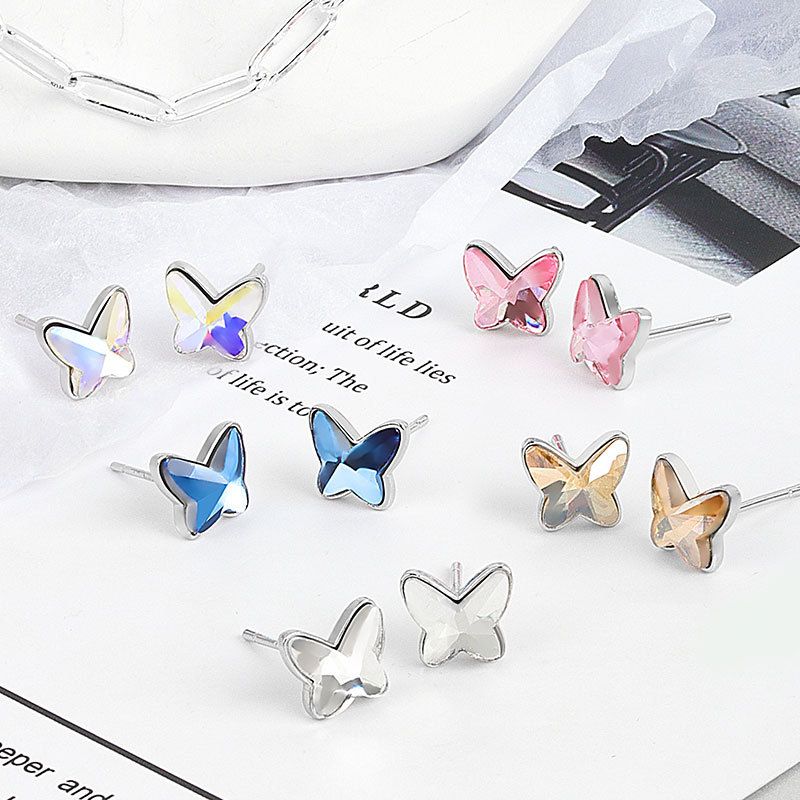 Fashion Butterfly Copper Inlay Artificial Crystal Ear Studs 1 Pair