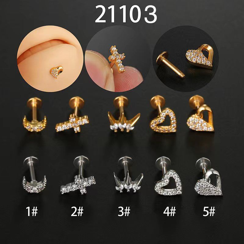 Hip-hop Cross Moon Heart Shape Stainless Steel Inlay Zircon Lip Stud Ear Studs 1 Piece