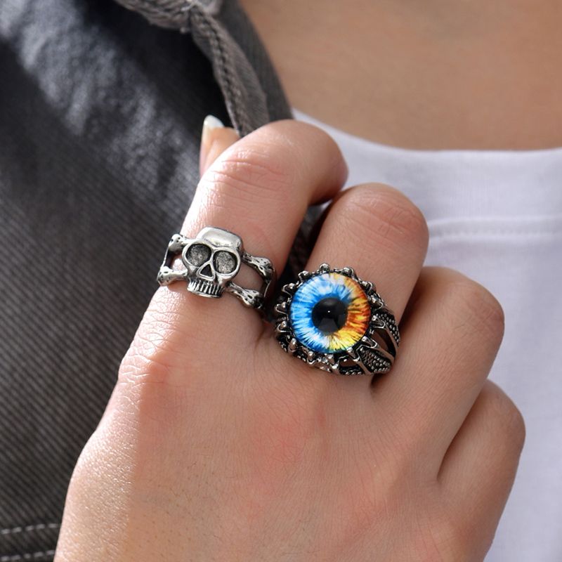 2 Piece Set Vintage Style Eye Skull Alloy Hollow Out Resin Men's Open Ring