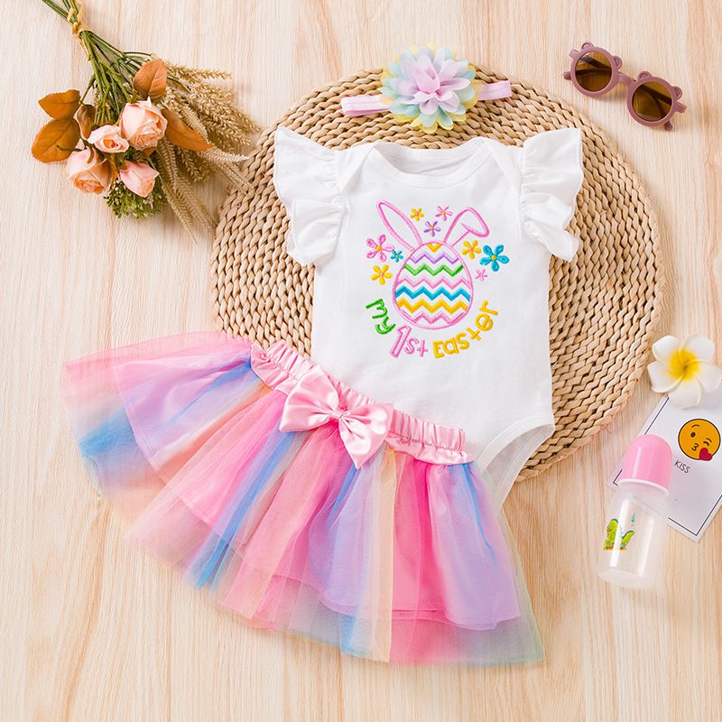 Easter Fashion Cartoon Embroidery 100% Cotton Girls Clothing Sets