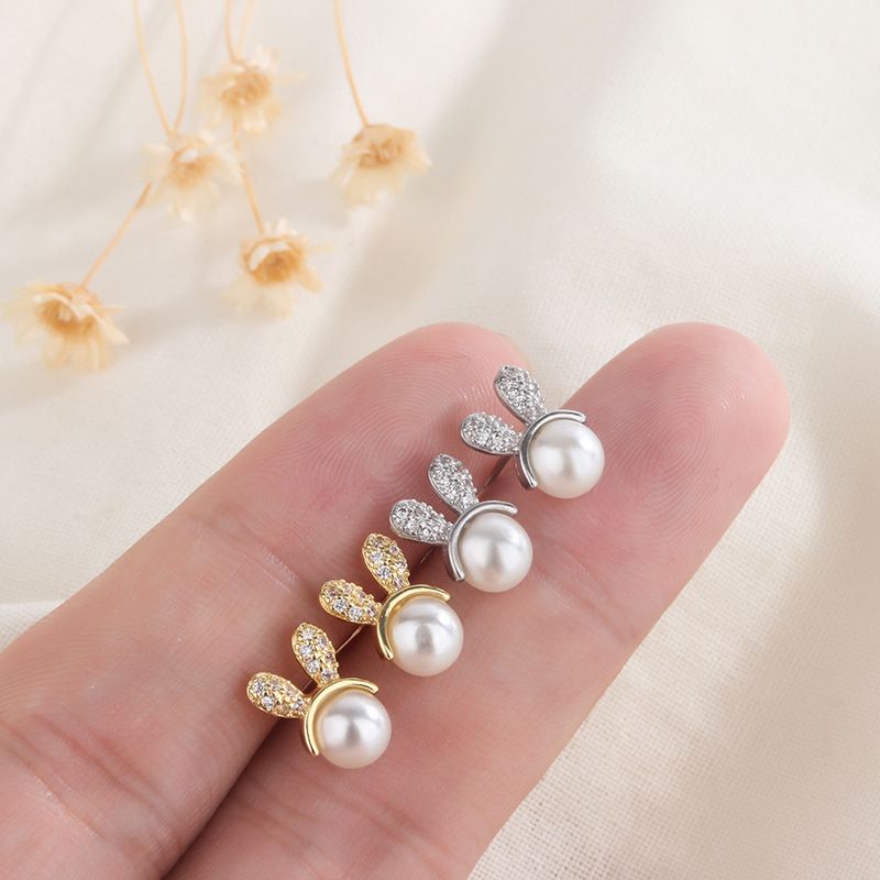 Mode Oreilles De Lapin Le Cuivre Placage Perles Artificielles Zircon Boucles D'oreilles 1 Paire