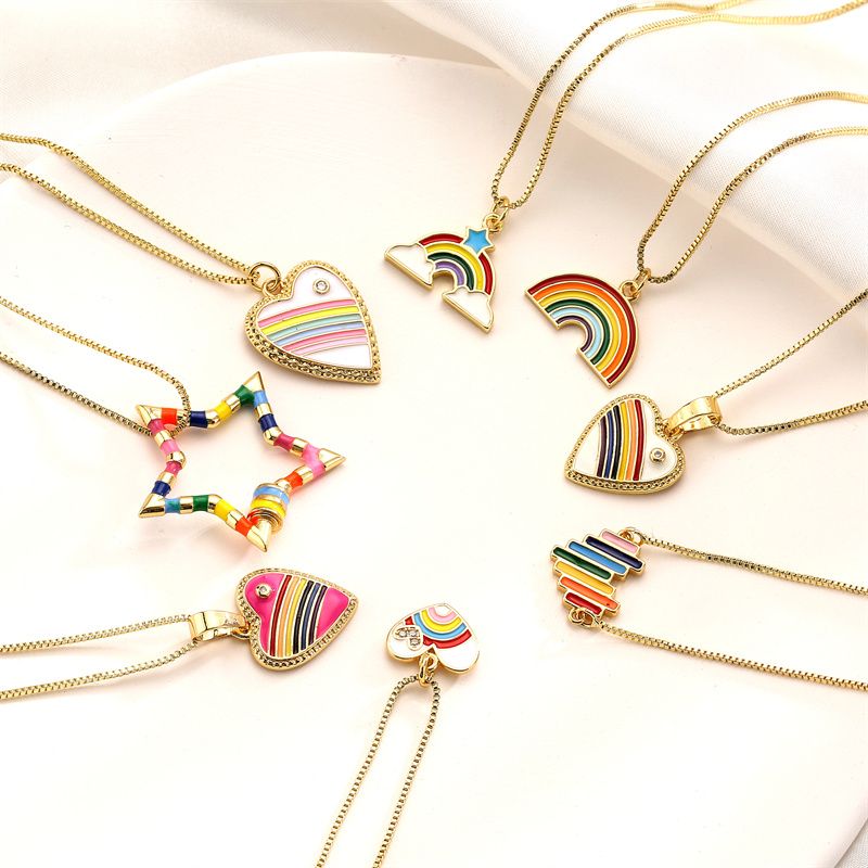 Ig-stil Einfacher Stil Pentagramm Regenbogen Herzform Kupfer Emaille Überzug Inlay Zirkon Vergoldet Halskette Mit Anhänger