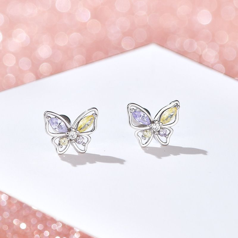 Fashion Butterfly Silver Plating Hollow Out Inlay Zircon Ear Studs 1 Pair