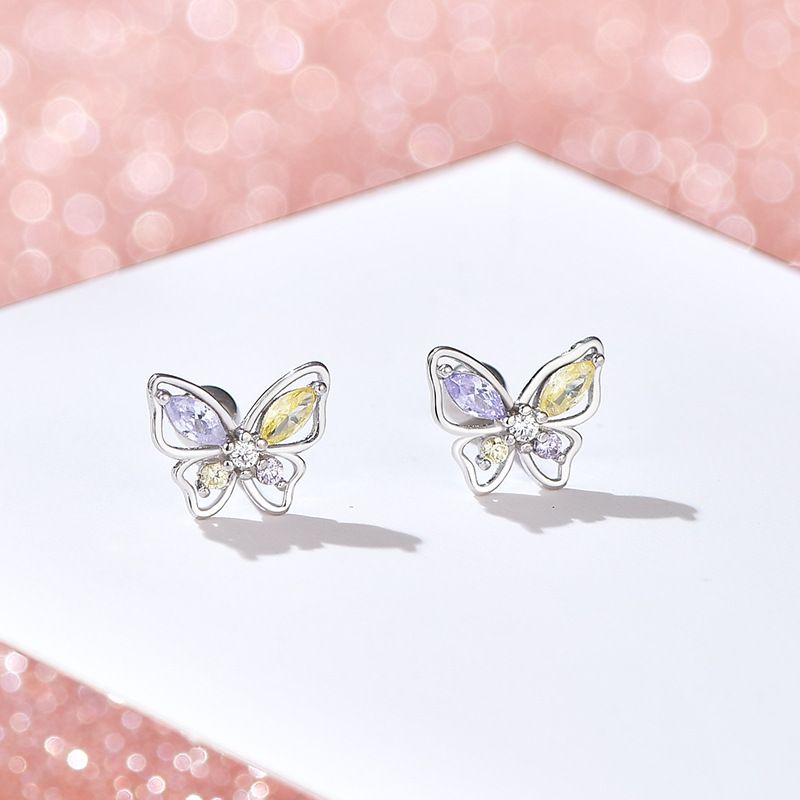 Moda Mariposa Plata Enchapado Ahuecar Embutido Circón Pendientes 1 Par