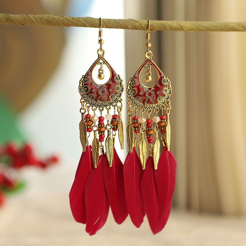 1 Pair Retro Feather Alloy Plating Women's Drop Earrings