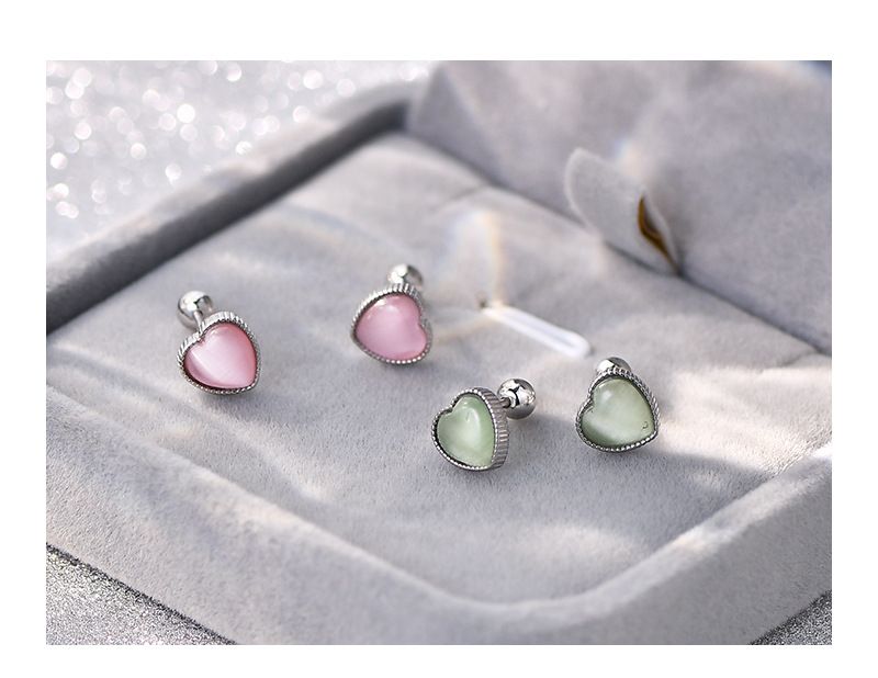 Simple Style Heart Shape Silver Plating Inlay Opal Ear Studs 1 Pair