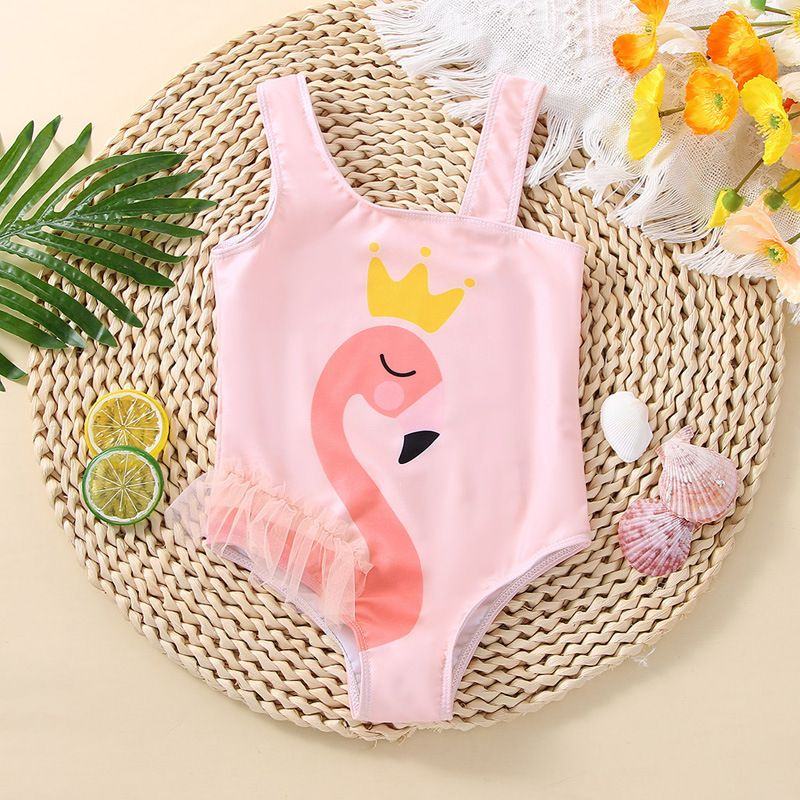 Girl's Cartoon Style Flamingo Polyester One Pieces