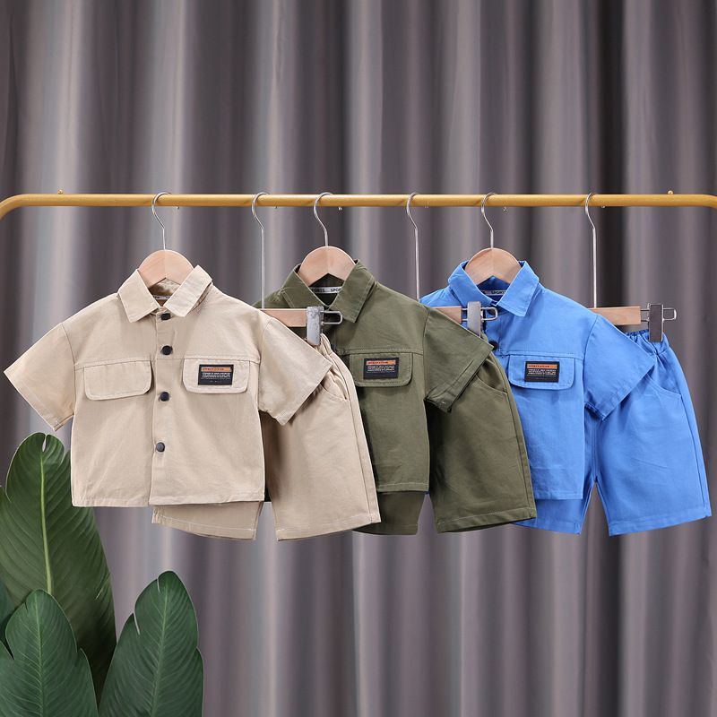 Casual Solid Color Button Cotton Boys Clothing Sets