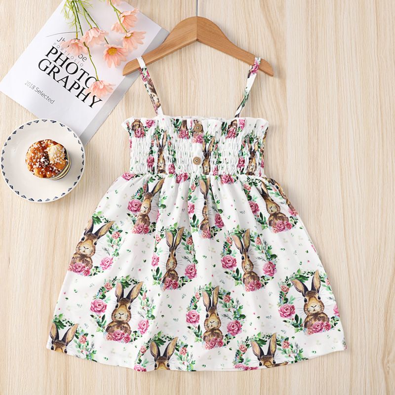 Fashion Rabbit Flower Printing Polyester Girls Dresses