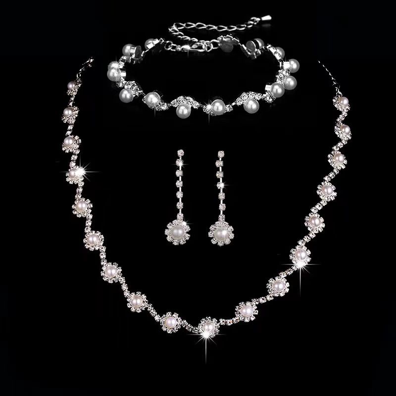 Moda Geométrico Cadena De Cobre Embutido Perlas Artificiales Diamantes De Imitación Pulsera Aretes Collar 1 Juego