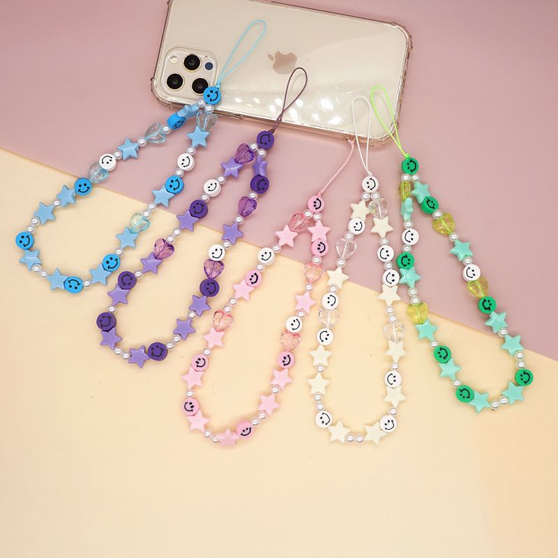 Cute Star Heart Shape Smiley Face Imitation Pearl Soft Clay Valentine's Day Mobile Phone Chain