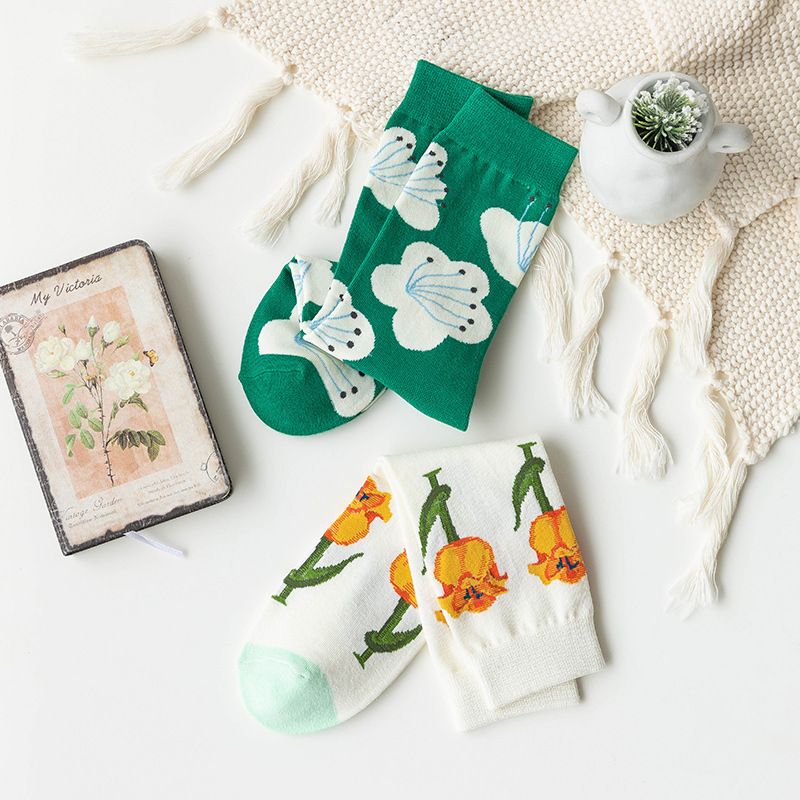 Femmes Mode Fleur Nylon Coton Crew Socks Une Paire