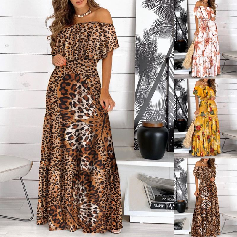 Women's Irregular Skirt Casual Vacation Boat Neck Printing Short Sleeve Color Block Leopard Maxi Long Dress Holiday