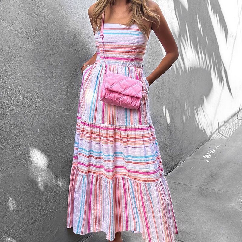 Women's A-line Skirt Elegant Collarless Printing Long Sleeve Stripe Midi Dress Daily