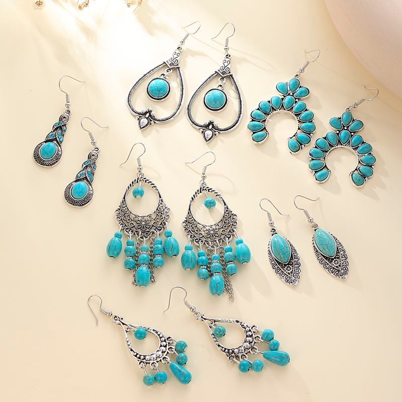 1 Pair Retro Geometric Water Droplets Hollow Out Alloy Turquoise Chandelier Earrings