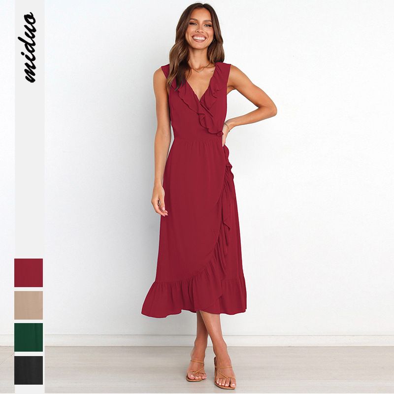 Elegant Solid Color V Neck Sleeveless Ruffles Viscose Fiber Midi Dress Regular Dress