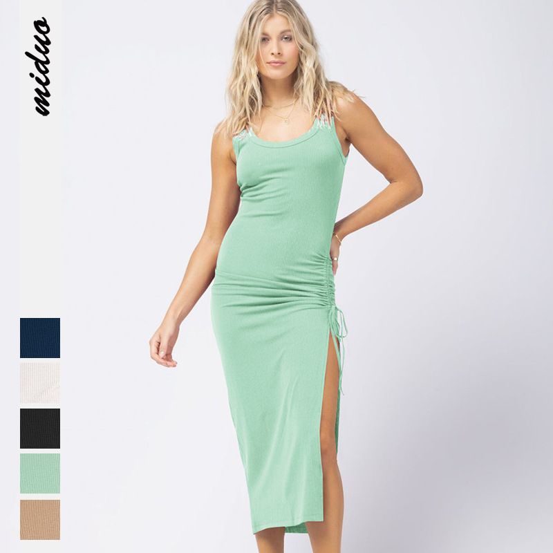 Fashion Solid Color U Neck Sleeveless Slit Spandex Midi Dress Sheath Dress
