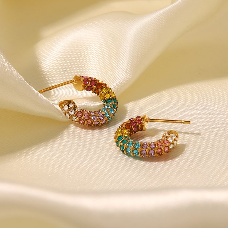 1 Pair Simple Style C Shape Inlay Stainless Steel Rhinestones 18k Gold Plated Ear Studs