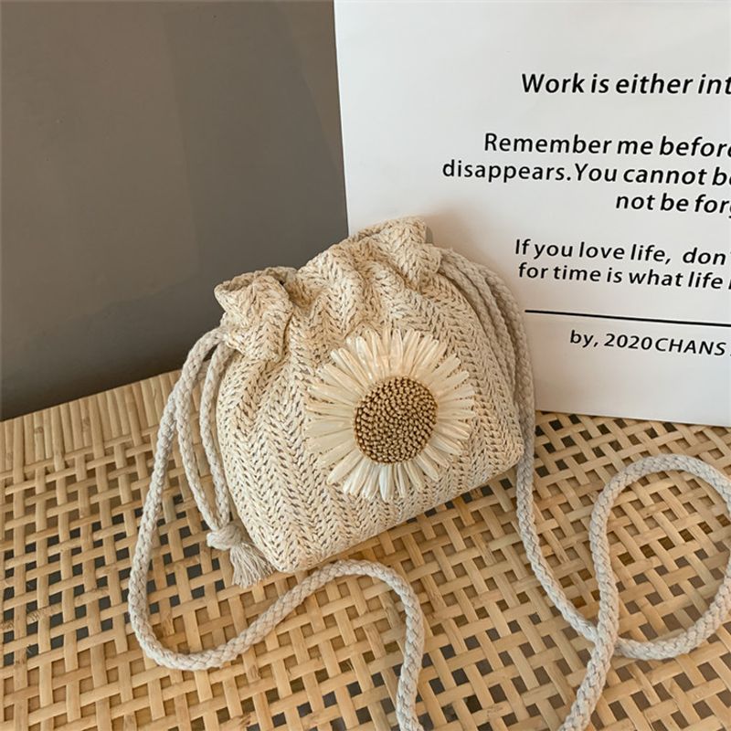 Women's Small Straw Flower Vacation Bucket String Bucket Bag
