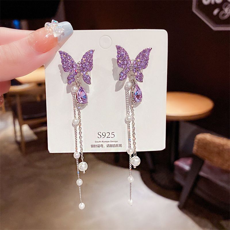 1 Pair Fashion Butterfly Alloy Inlay Rhinestones Women's Drop Earrings