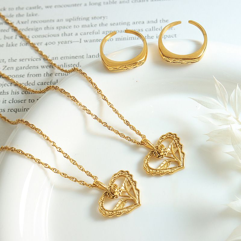 Mode Herzform Blume Titan Stahl Überzug Ringe Halskette 1 Stück
