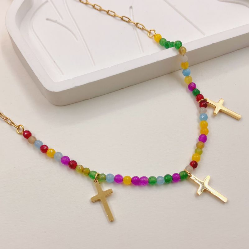 Ethnic Style Cross Stainless Steel Artificial Crystal Plating Necklace