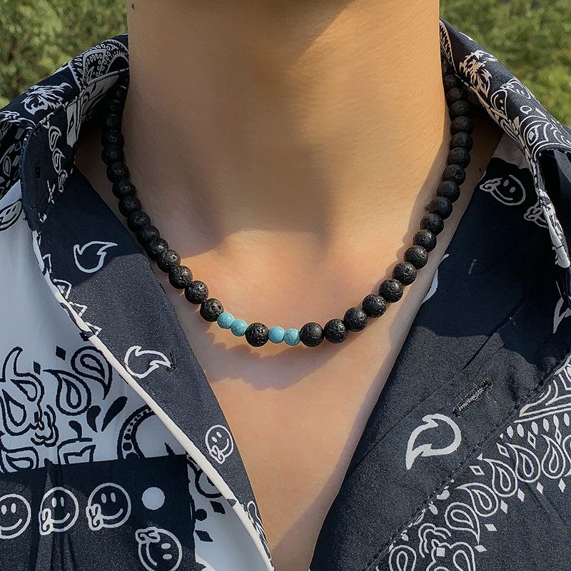 1 Piece Hip-hop Color Block Turquoise Volcanic Rock Beaded Men's Necklace