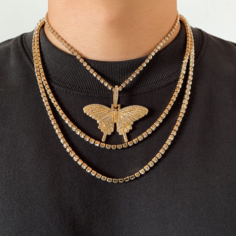 1 Piece Hip-hop Butterfly Alloy Inlay Rhinestones Men's Layered Necklaces