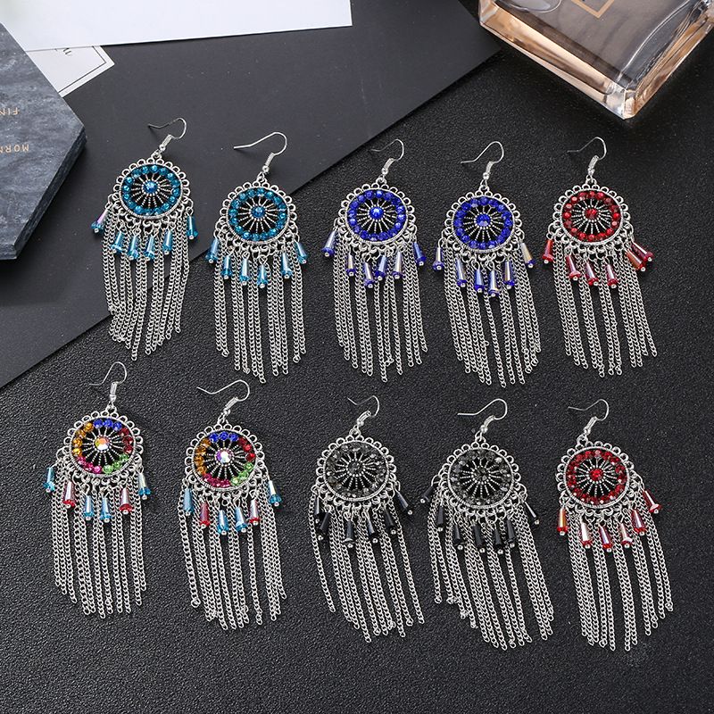 1 Pair Ethnic Style Round Tassel Alloy Plating Inlay Artificial Diamond Women's Drop Earrings