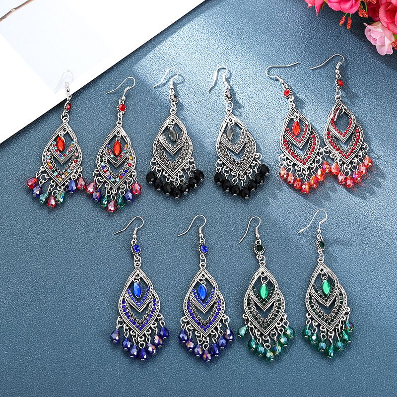 1 Pair Ethnic Style Water Droplets Alloy Tassel Plating Inlay Artificial Diamond Women's Drop Earrings