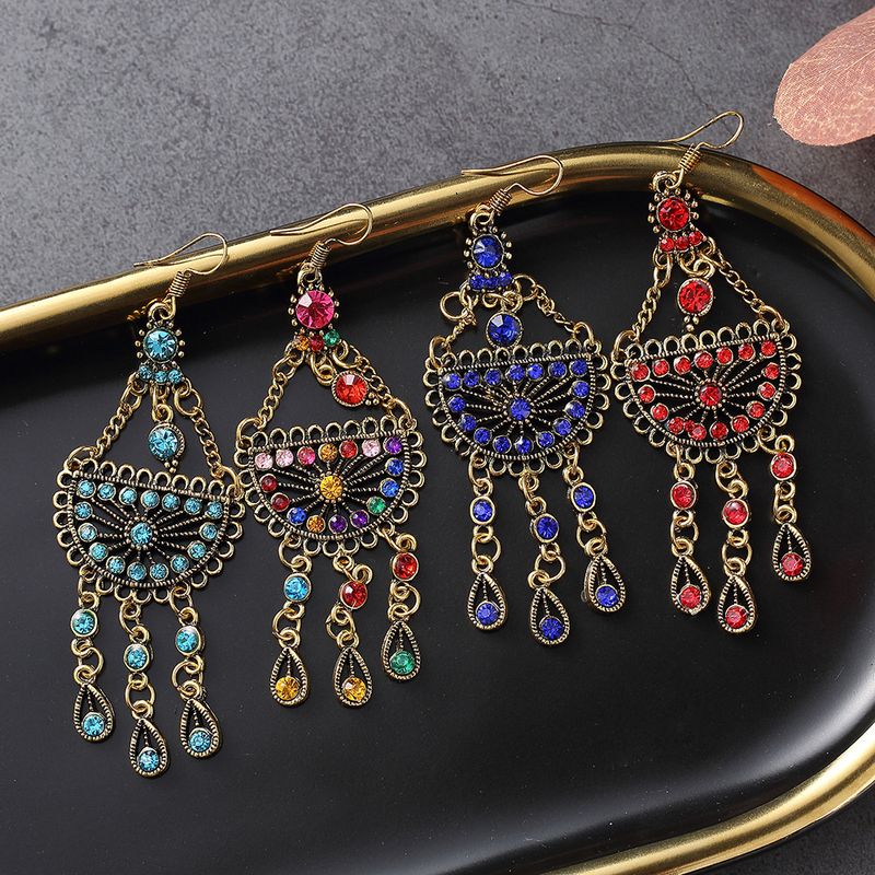 1 Pair Ethnic Style Semicircle Tassel Alloy Plating Inlay Artificial Diamond Women's Drop Earrings