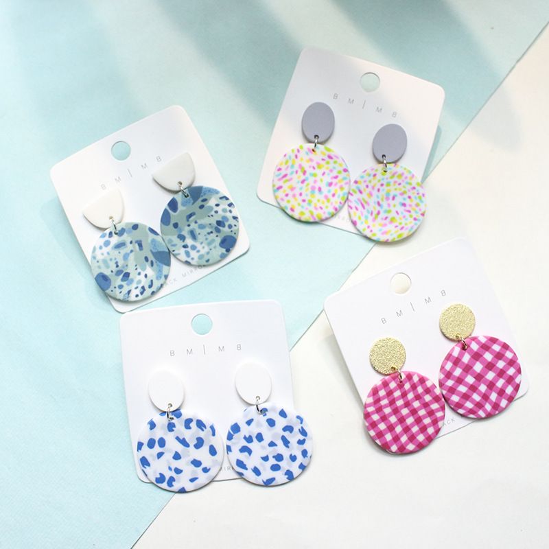 1 Pair Fashion Round Plaid Polka Dots Soft Clay Patchwork Women's Drop Earrings