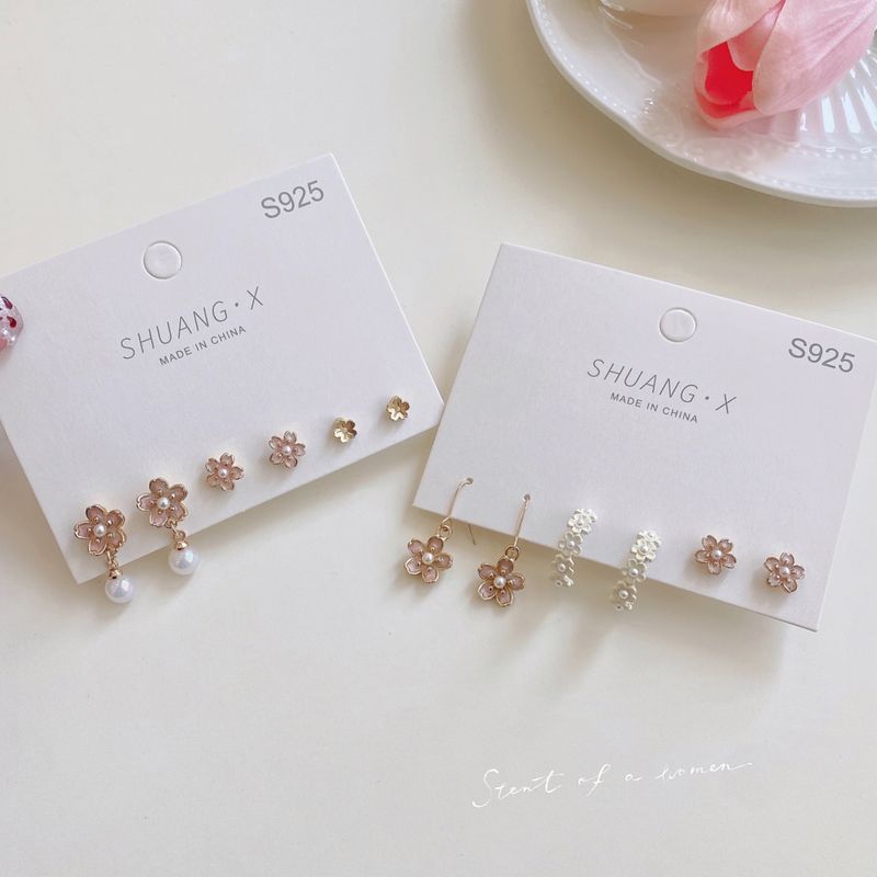 3 Pairs Sweet Flower Bow Knot Alloy Plating Artificial Pearls Women's Earrings