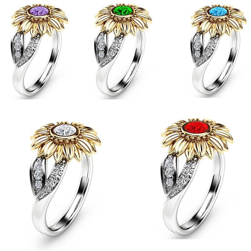 Fashion Sunflower Flower Copper Plating Inlay Artificial Gemstones Rings 1 Piece