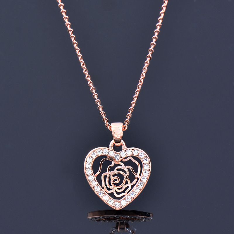 Fashion Heart Shape Rose Alloy Plating Inlay Rhinestones Pendant Necklace 1 Piece