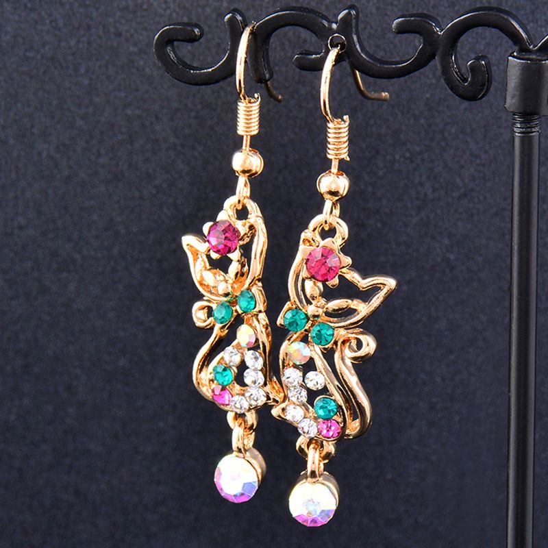 1 Paire Mode Chat Alliage Placage Incruster Strass Femmes Boucles D'oreilles