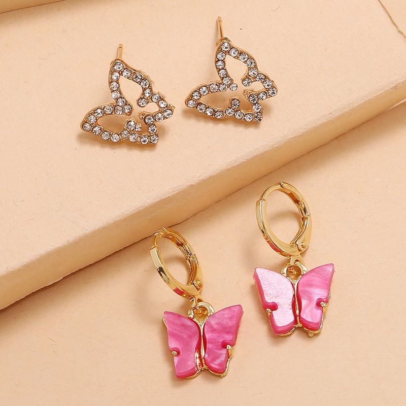 2 Paires Mode Papillon Alliage Placage Strass Femmes Des Boucles D'oreilles