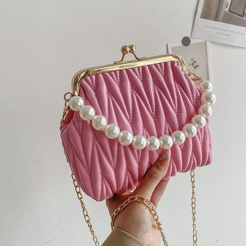 Women's Small Pu Leather Solid Color Fashion Beading Pearls Square Buckle Crossbody Bag