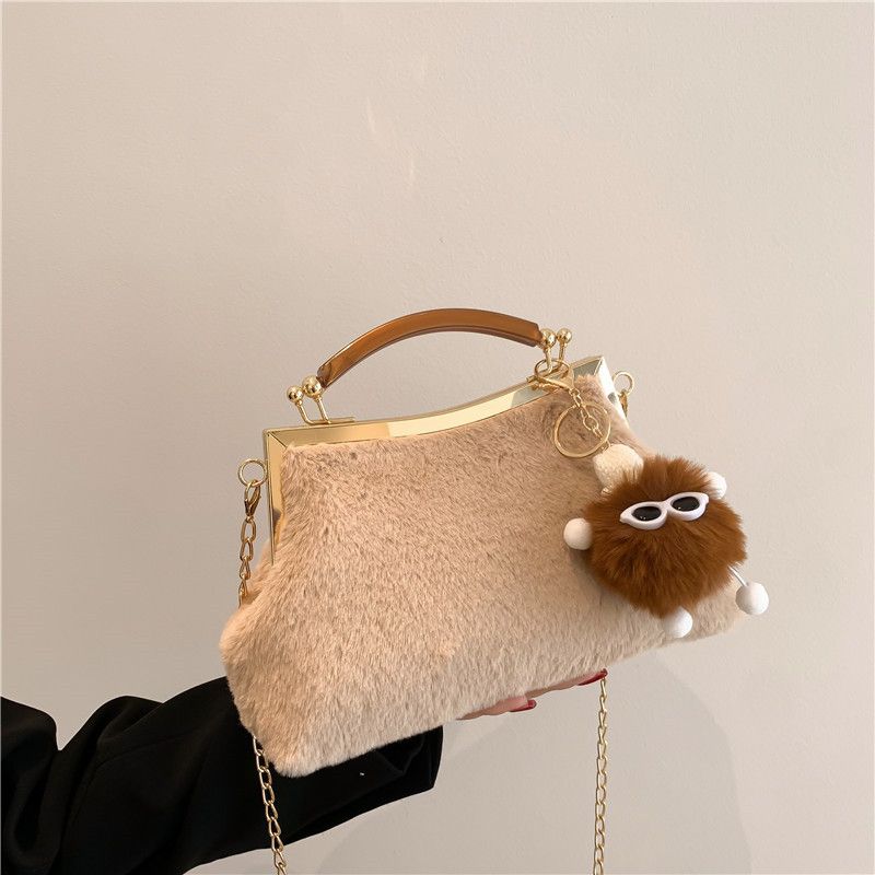 Women's Small Autumn&winter Plush Solid Color Fashion Ornament Square Lock Clasp Clutch Bag