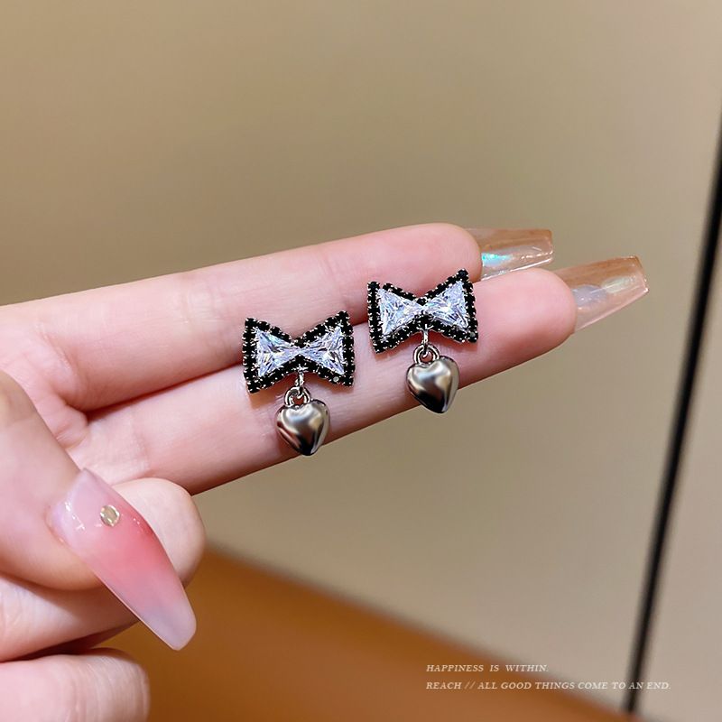 Ins Style Heart Shape Bow Knot Copper Inlay Zircon Drop Earrings 1 Pair
