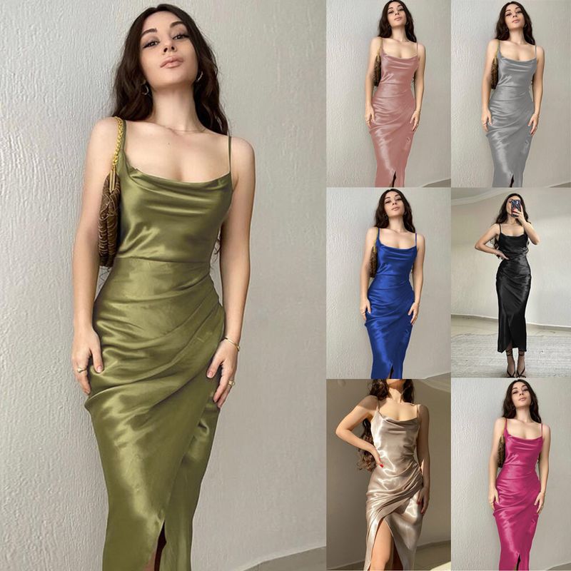Women's Strap Dress Sexy U Neck Slit Backless Sleeveless Solid Color Maxi Long Dress Party