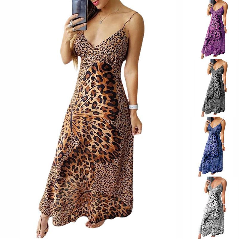Frau Trägerkleid Strassenmode V-ausschnitt Drucken Ärmellos Schmetterling Leopard Maxi Langes Kleid Täglich