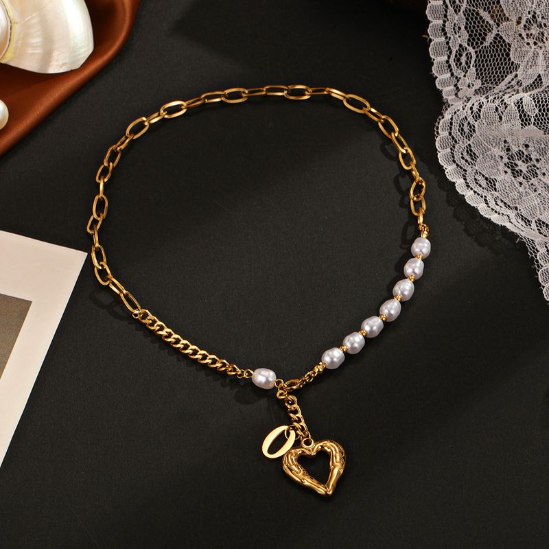Mode Herzform Rostfreier Stahl Inlay Künstliche Perlen Halskette