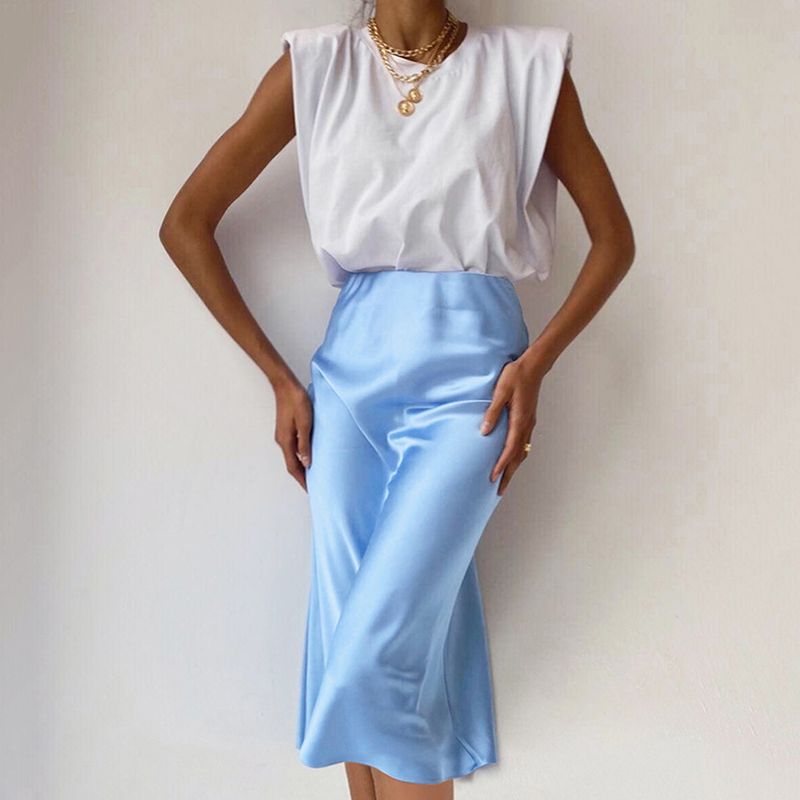 Spring Fashion Solid Color Polyester Midi Dress Skirts