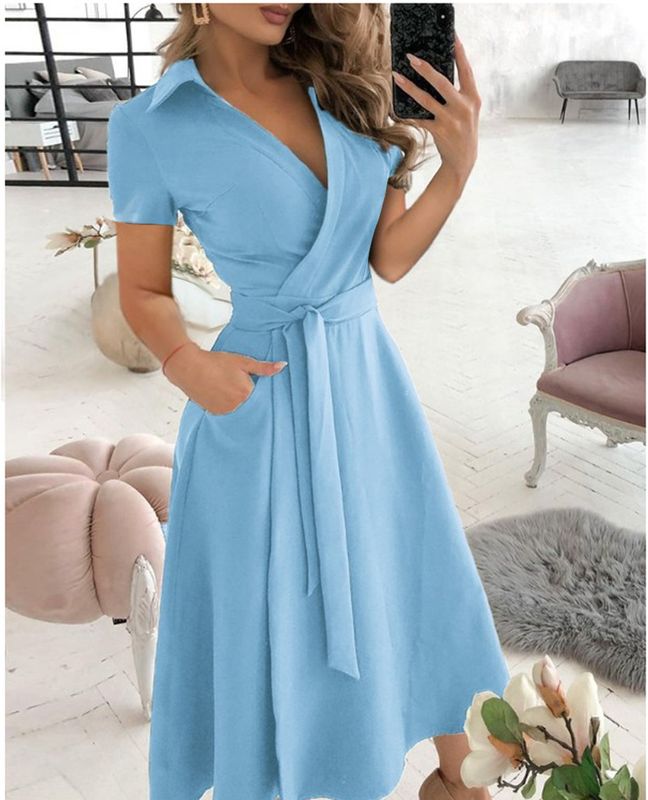 Women's A-line Skirt Fashion V Neck Patchwork Short Sleeve Polka Dots Solid Color Midi Dress Daily