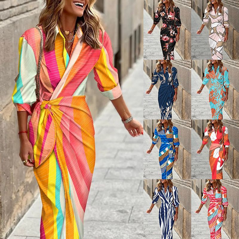 Women's Irregular Skirt Fashion Turndown Printing Long Sleeve Stripe Flower Maxi Long Dress Daily