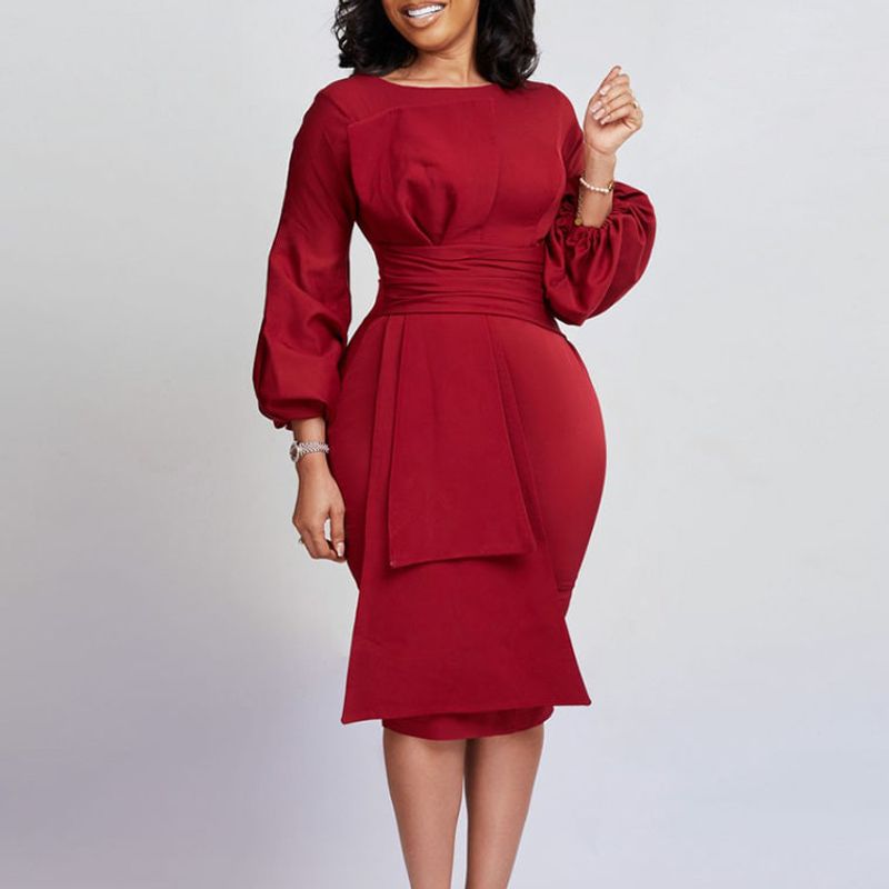 Women's Sheath Dress Fashion Round Neck Pleated Long Sleeve Solid Color Maxi Long Dress Daily