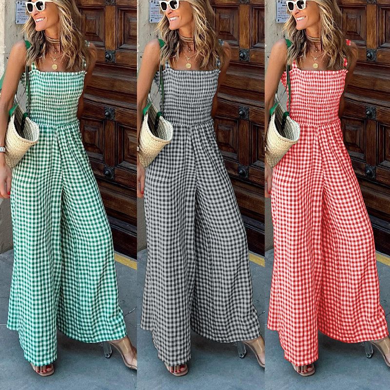 Women's Holiday Street Casual Plaid Full Length Jumpsuits