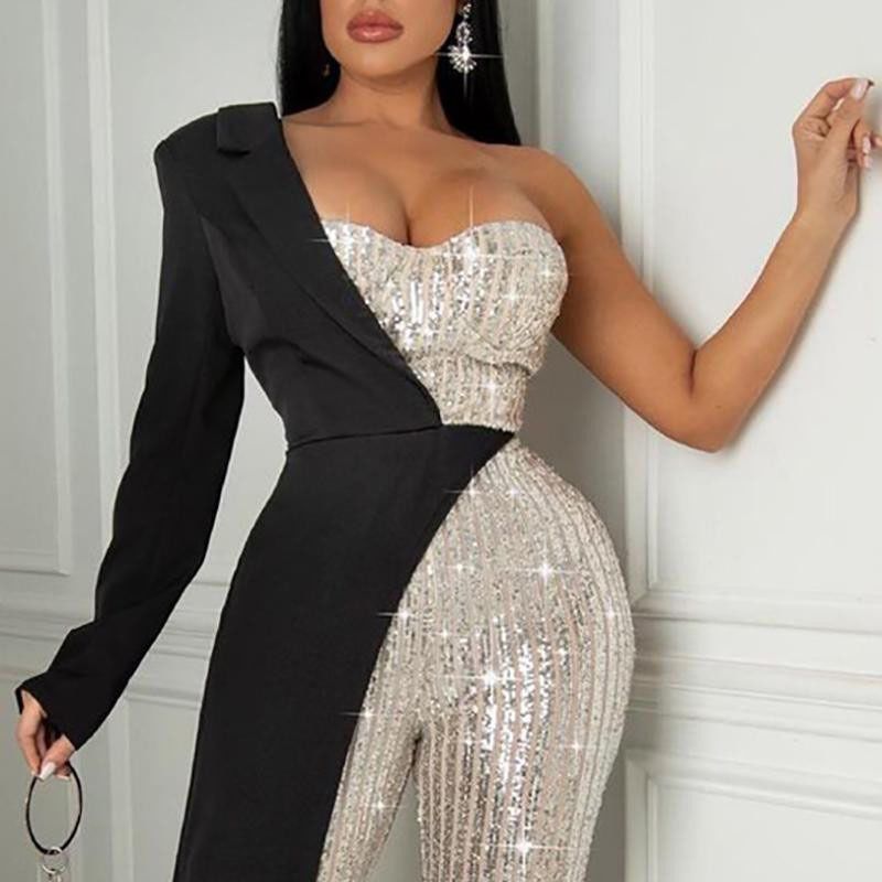 Women's Daily Fashion Color Block Full Length Sequins Jumpsuits